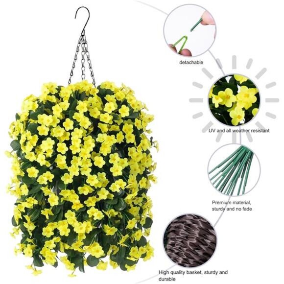 Artificial Fake Hanging Outdoor Flowers Plants Basket, Faux Silk Yellow Orchid - Picture 4 of 7